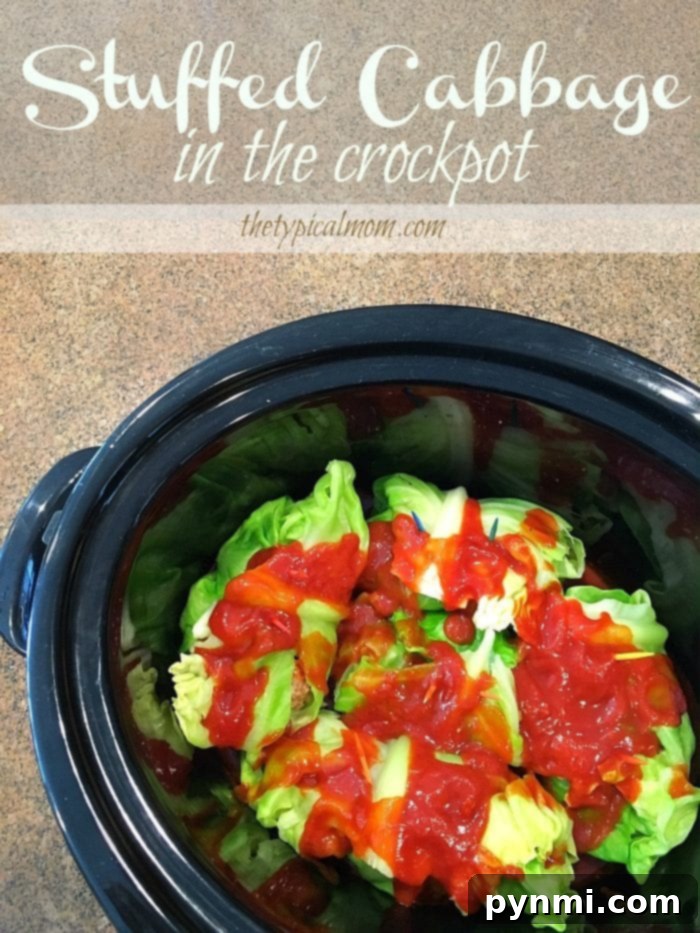 Slow cooker stuffed cabbage is so yummy that even my kids love it! Roll them up, let them cook all day in your crockpot and it tastes amazing. No side dishes needed for this dinner idea. Perfect for St.Patricks Day or any time of the year really. Here's an easy way to make this classic dish. #crockpot #slowcooker #stuffed #cabbage #easy #recipe #stpatricksday #dinner #crockpotrecipes Slow cooker filled with stuffed cabbage rolls and sauce