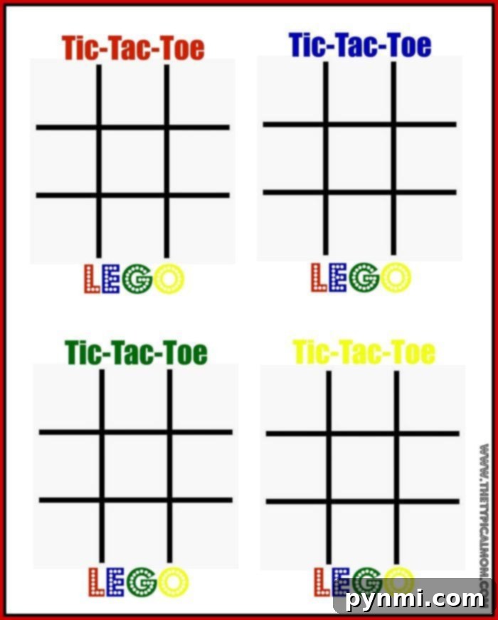 Close-up of LEGO bricks being used as markers on a Tic Tac Toe game board, demonstrating active play.