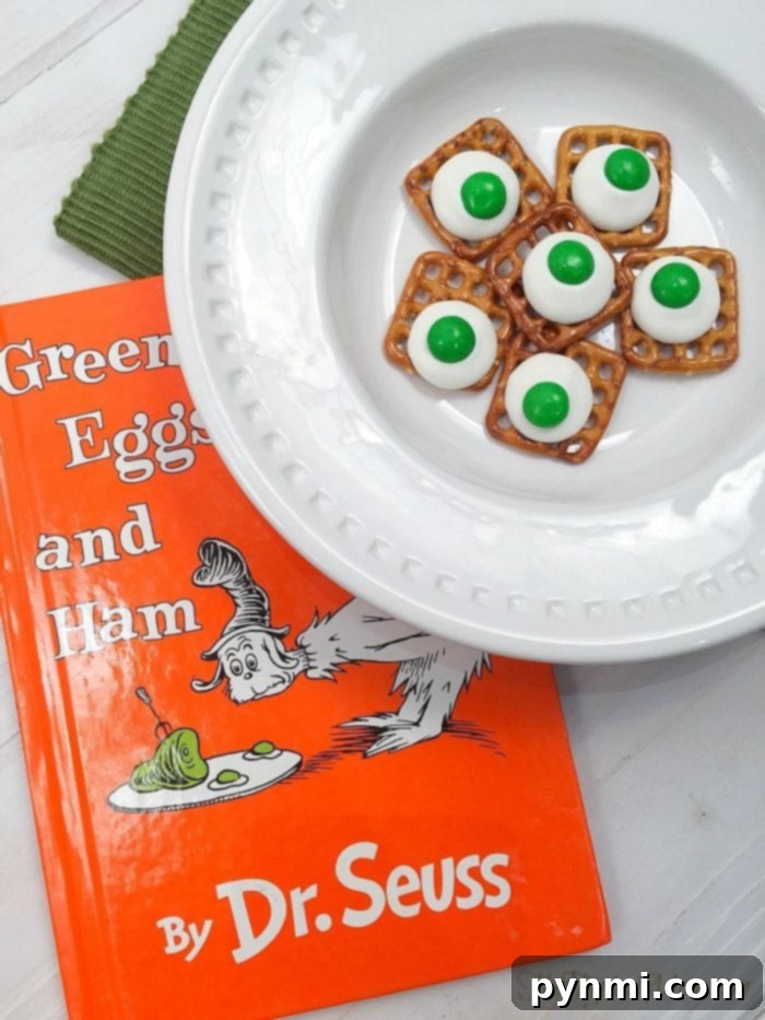 Dr. Seuss themed Green Eggs and Ham treats on a platter, perfect for a birthday party.