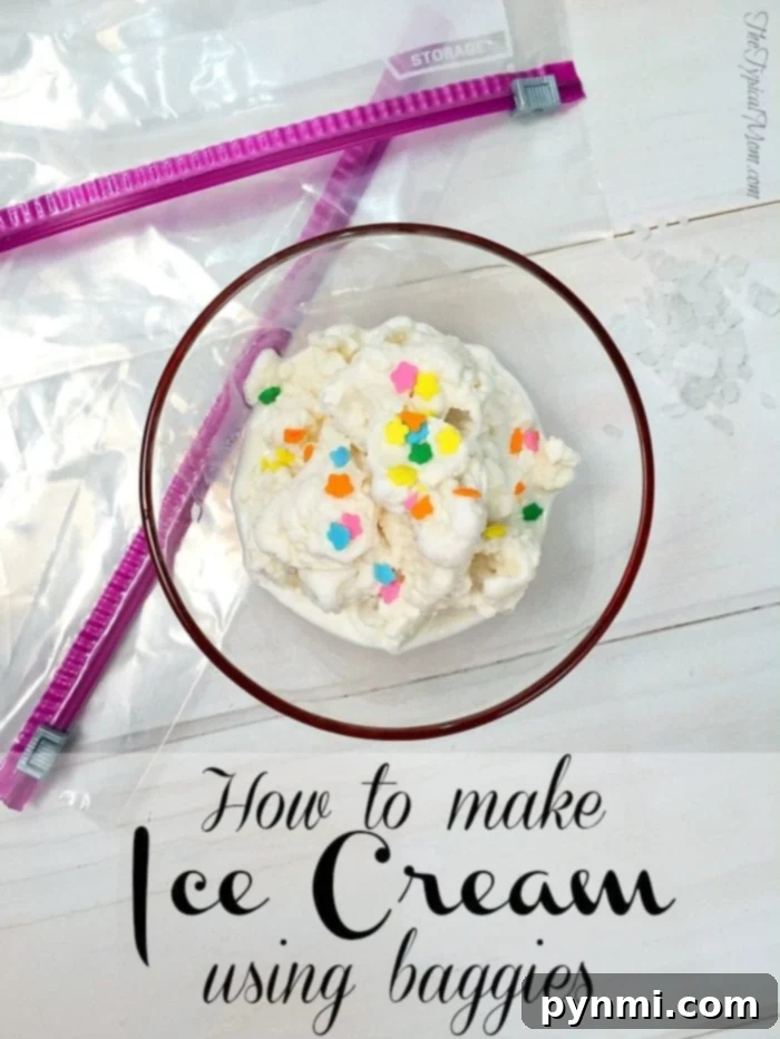 This is how to make ice cream at home using 2 bags!! It's an easy activity to do with your kids that is yummy and easy to do. You just need a few items to make homemade no churn ice cream without the need of an ice cream maker, really! You've got to try this with them this summer. #homemade #icecream #bags #howtomake #easy #recipe #nochurn Another image of a finished ice cream scoop in a bowl, from the bag method.