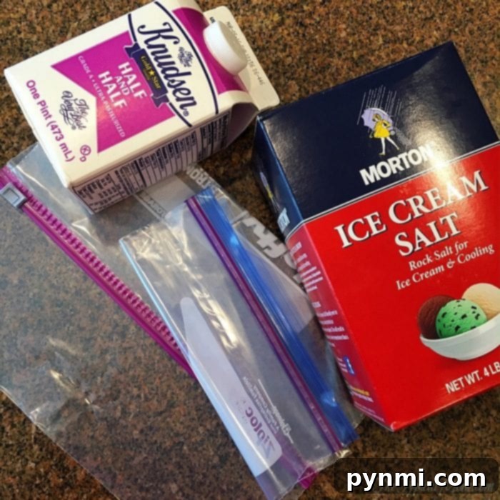 This is how to make ice cream at home using 2 bags!! It's an easy activity to do with your kids that is yummy and easy to do. You just need a few items to make homemade no churn ice cream without the need of an ice cream maker, really! You've got to try this with them this summer. #homemade #icecream #bags #howtomake #easy #recipe #nochurn A child's hands shaking a bag filled with ice and an inner bag of ice cream mixture.