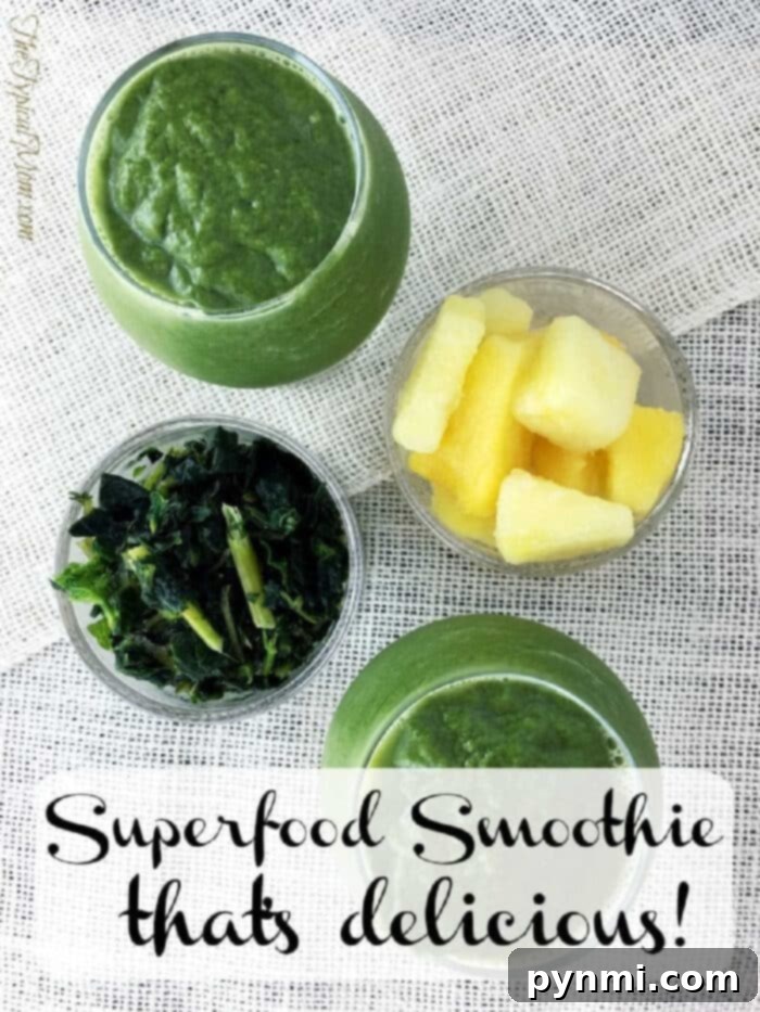Pineapple Power Green Elixir 2 A tall glass of a luscious green superfood smoothie, garnished beautifully.