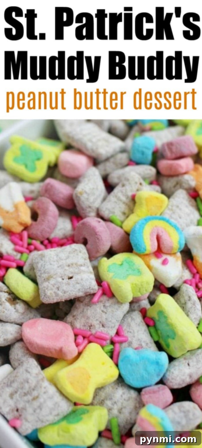Chex muddy buddies recipe is great for a party or gift idea. Add mix ins for every holiday to add some color to this crunchy peanut butter dessert. A festive bowl of Muddy Buddies recipe adorned with green sprinkles and gold coins, perfect for St. Patrick's Day or any other holiday celebration.