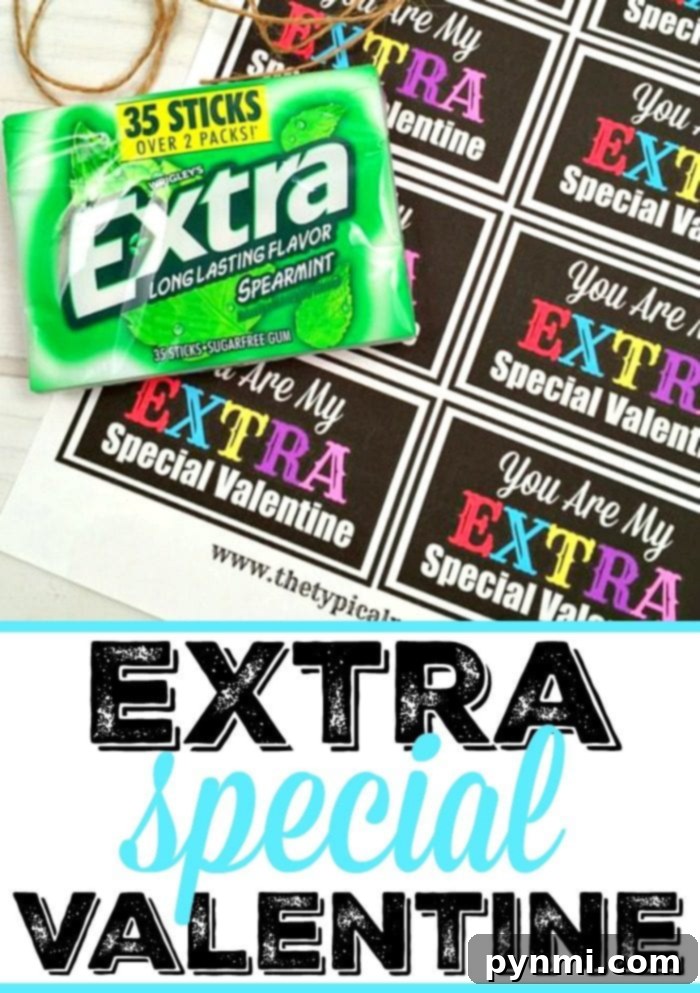 Here's an Extra special Valentine's Day printable to use on Extra gum and perfect for boys and girls to give away in class or for a party. A cute and cheap Valentine to make for school and you can find it all at the Dollar Store. Finished Extra Special Valentine's Day Printable with gum
