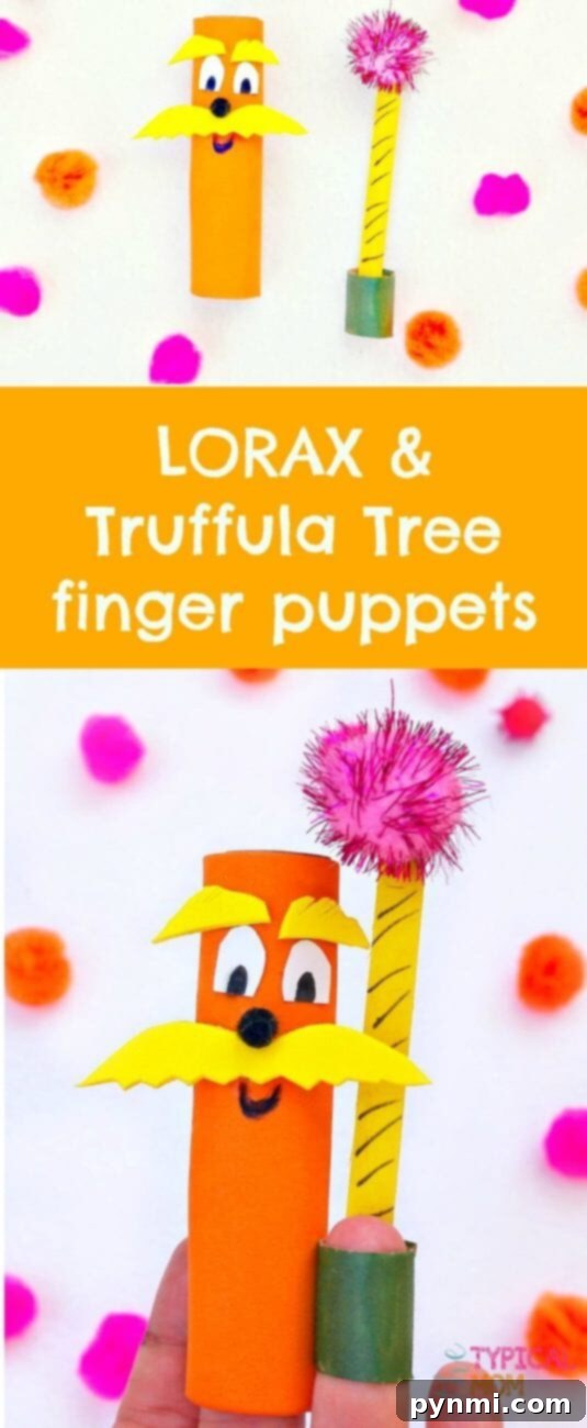 Whimsical Truffula Tree Finger Puppets 2 Dr. Seuss The Lorax Truffula Tree Finger Puppets made from toilet paper rolls, a colorful and fun craft for kids.