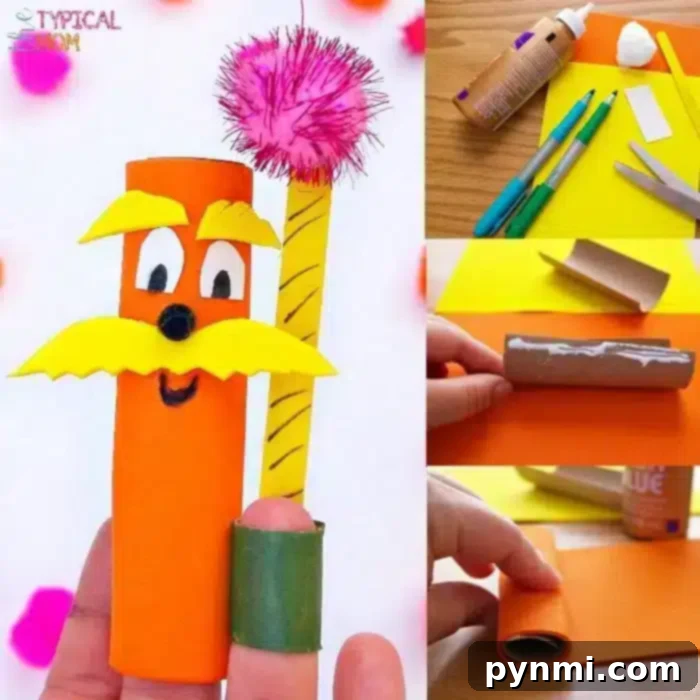 Whimsical Truffula Tree Finger Puppets 3 Children happily engaging in a Lorax craft activity, creating colorful finger puppets.
