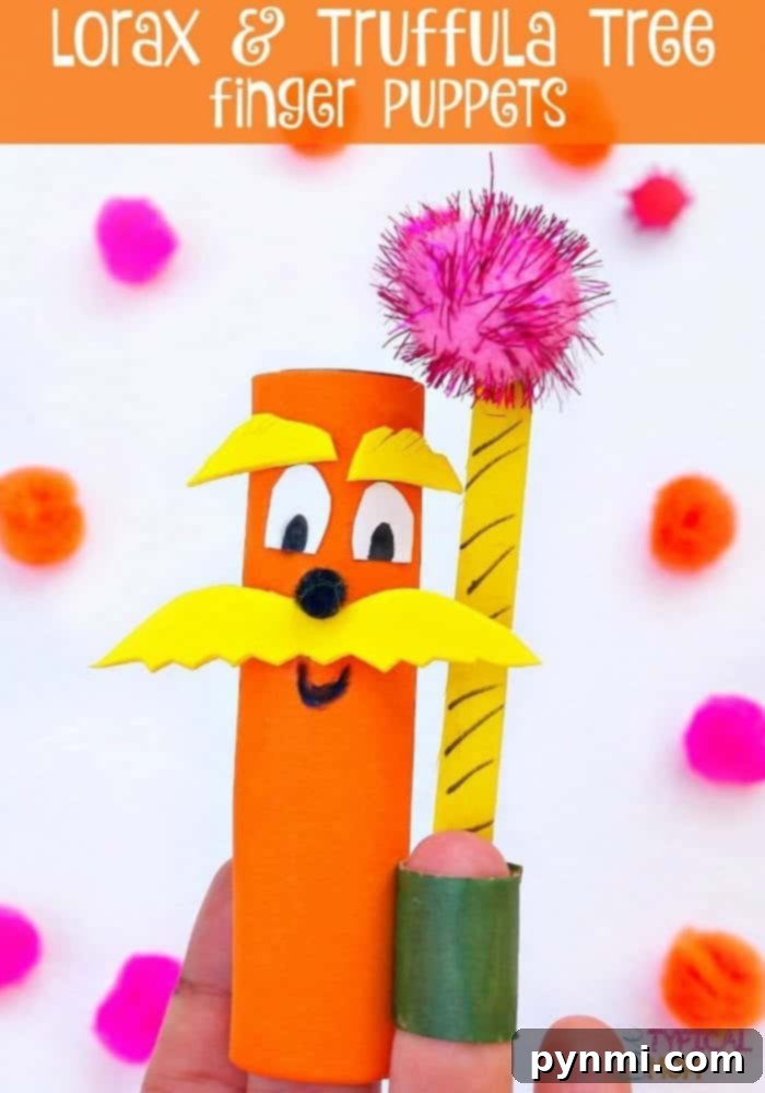 Whimsical Truffula Tree Finger Puppets 9 Finished Dr. Seuss Truffula Tree finger puppets with striped trunks and colorful pom-pom tops, ready for play.