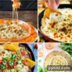 Sizzling Hot Dips 3 A collage of four dishes showcasing the best hot dip recipes: top left shows a cheese dip with chips, top right has someone dipping a chip into a baked cheese dish, bottom left features nachos with toppings, and bottom right displays hummus with pita bread.