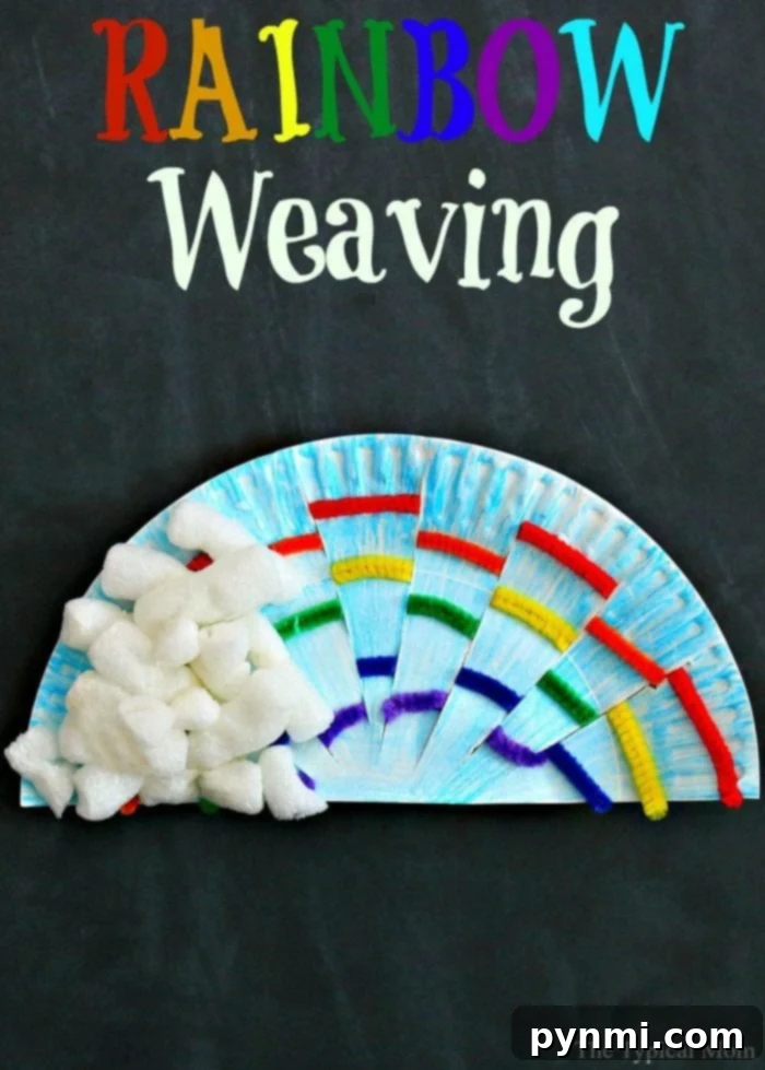 This rainbow weaving art craft for kids using pipe cleaners and paper plates is the perfect for St. Patricks Day craft or activity for the classroom any time of year. Paper plate crafts are cheap to make and great for kids in Preschool or Kindergarten. #rainbow #stpatricksday #weaving #craft #kindergarten #preschool A craft labeled Rainbow Weaving Art features a half-circle made of blue paper woven with vibrant, rainbow-colored yarn. On the left side, white craft material resembling packing peanuts adds a whimsical touch.