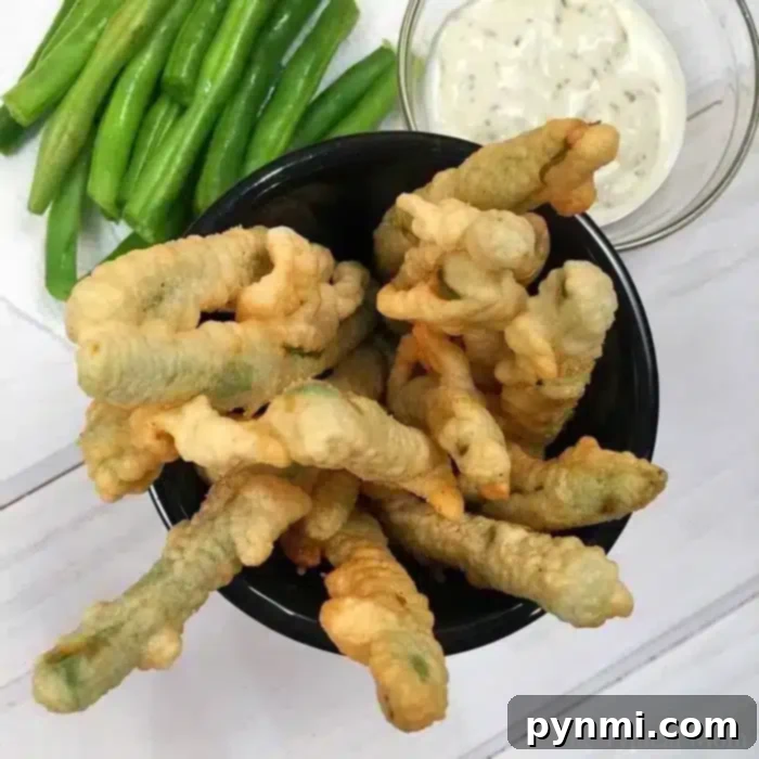 Detailed shot of crispy fried green beans served with a side of fresh green beans