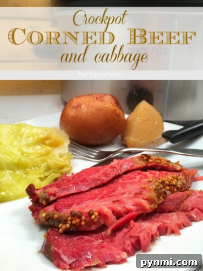 Slow cooker corned beef brisket is amazing! If you want to know how to cook corned beef brisket and cabbage in the crockpot it's super easy to do and should definitely be made more often than just on St. Patrick's Day. Slow cooker corned beef recipe served on a platter.