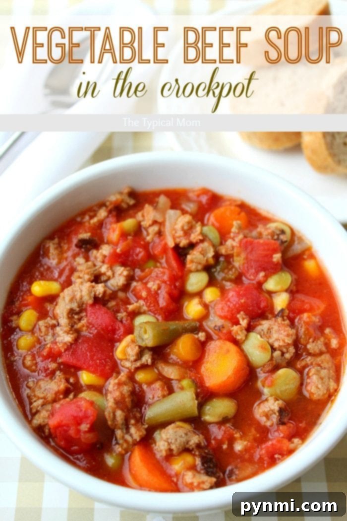 Delicious and easy Crockpot vegetable beef soup, ready to serve.