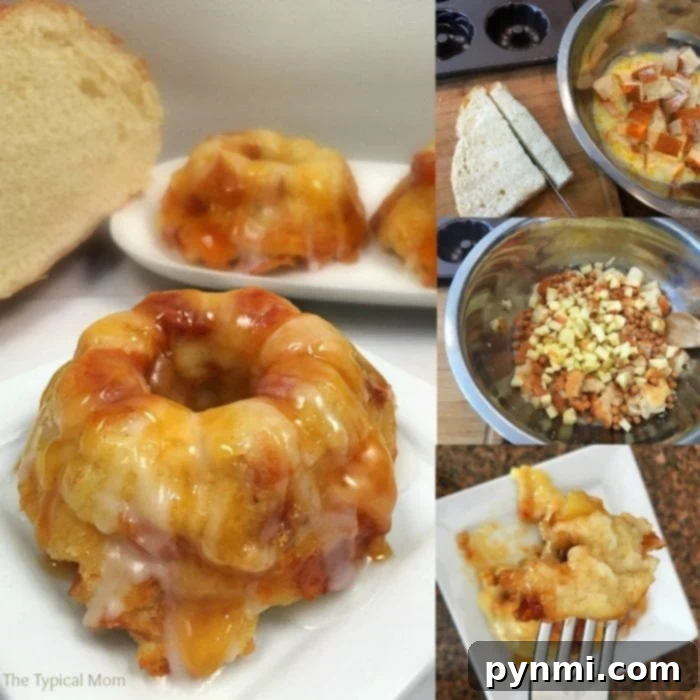 Mini bread pudding with glaze sits on a plate, surrounded by bread slices and chopped apples reminiscent of a caramel apple bread pudding. Ingredients are mixed in bowls, while a fork holds an irresistible piece of the treat.