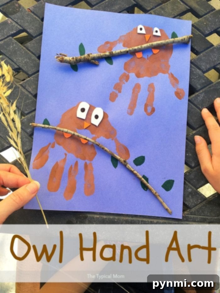 Budget-Friendly Kids' Fun 5 Finished owl handprint art with natural stick, symbolizing creative, cheap kids' activities