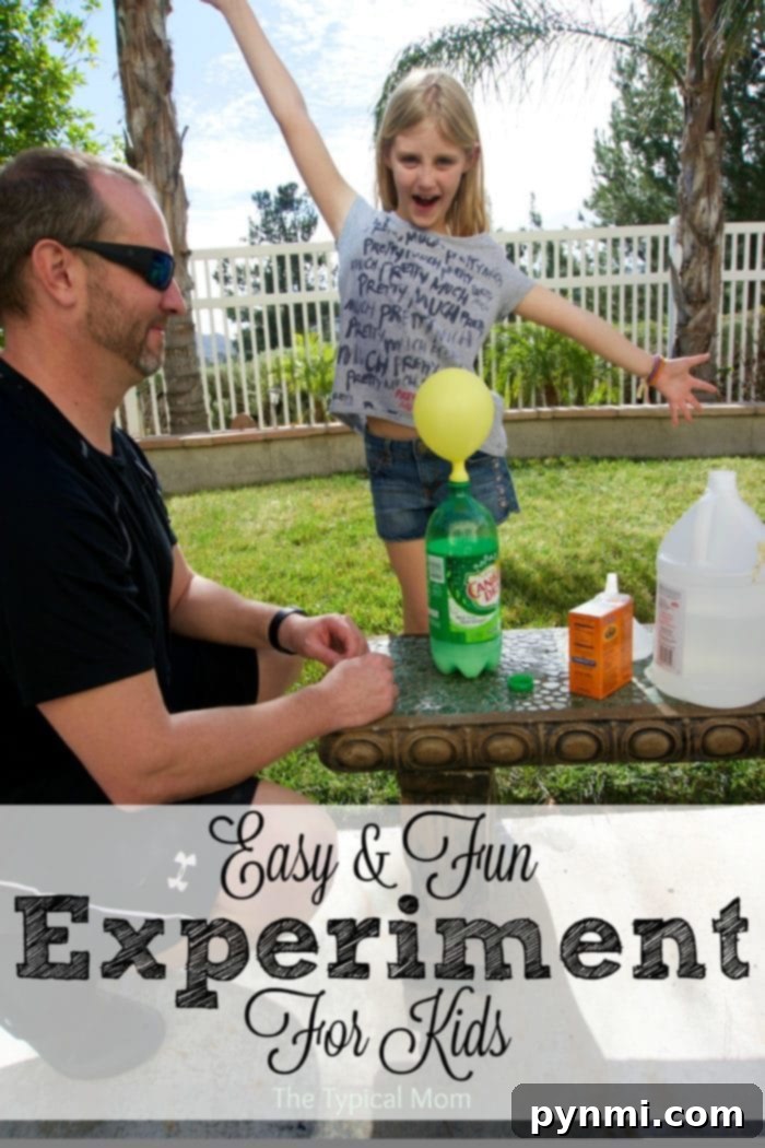 A balloon inflating from a baking soda and vinegar reaction in a bottle, demonstrating an easy science experiment for kids.