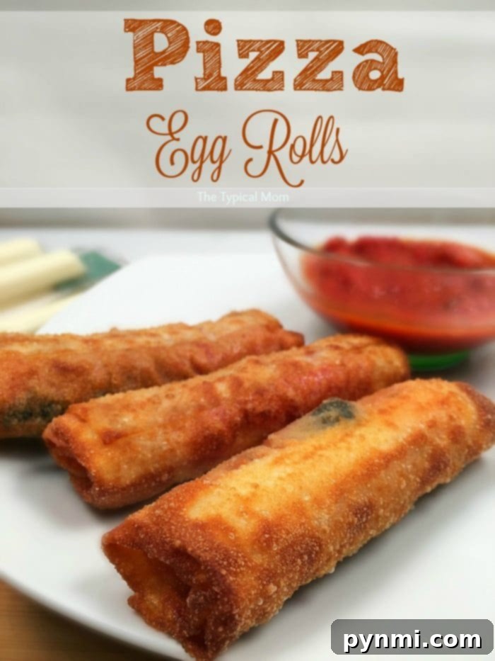 Pizzarolls 10 Three mouthwatering golden brown pizza egg rolls sit enticingly on a white plate, with a bowl of rich red marinara dipping sauce waiting in the background.