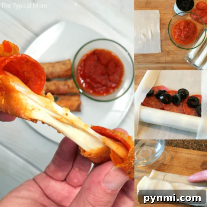 Pizzarolls 2 Detailed collage showing the assembly process of pizza egg rolls with pepperoni and mozzarella string cheese on a wooden board, before frying.