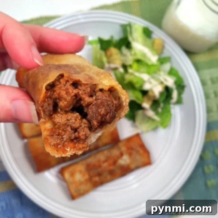 Sloppy Joe Egg Rolls: A close-up of crispy, golden-brown sloppy joe egg rolls, perfect for a fun meal.