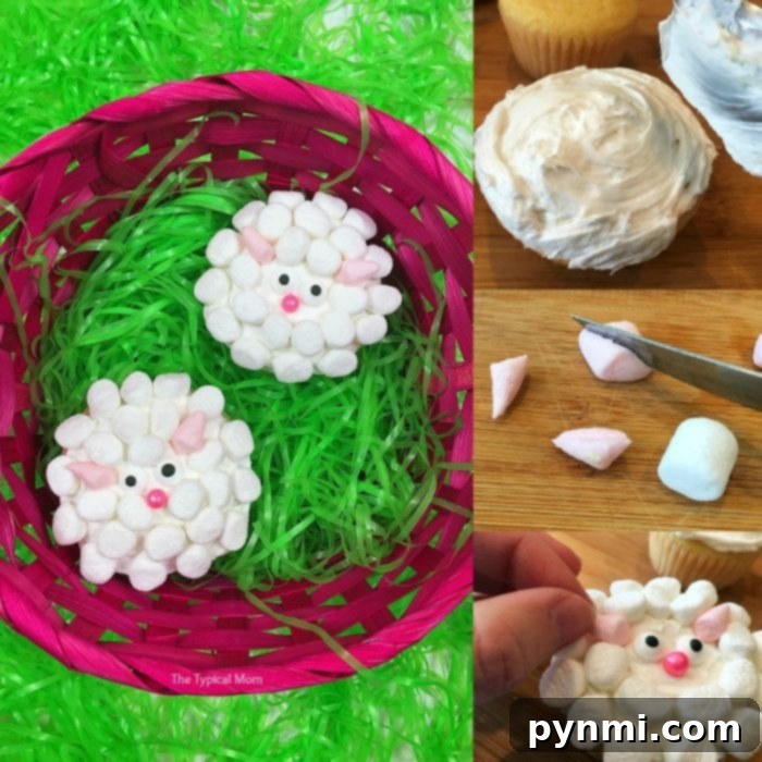 An Easter basket adorned with two adorable sheep cupcakes nestled on green grass. Nearby, the delightful process of creating these sheep treats unfolds, using marshmallows, frosting, and sprinkles to perfect the whimsical design.