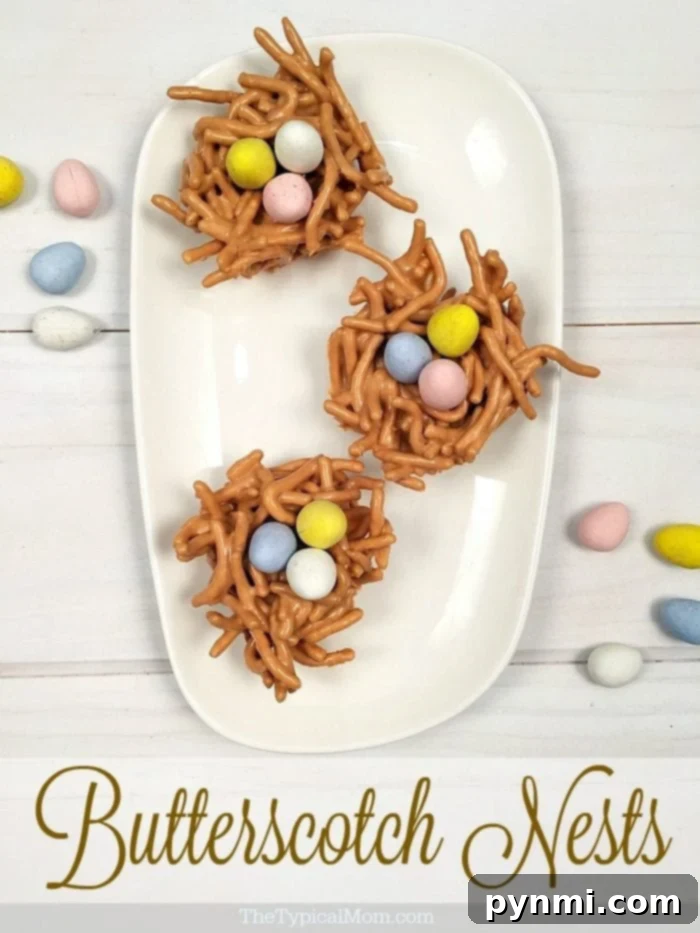 These adorable butterscotch haystacks are perfect cute Easter desserts, both delicious and visually charming for your Easter brunch or gatherings. A white plate displays three delightful butterscotch haystacks crafted from pretzel sticks and butterscotch chips. Each nest cradles small, colorful candy eggs. The text Butterscotch Nests graces the bottom of the image.