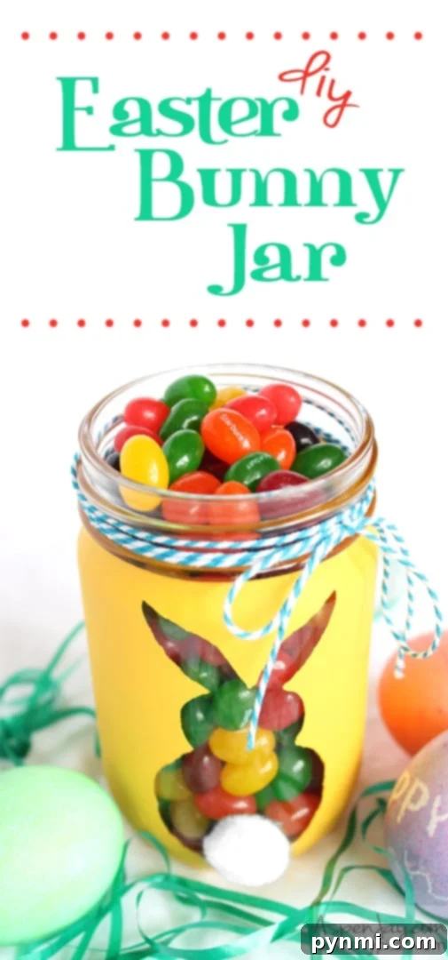 Discover how to make this easy DIY Easter bunny jar for a fun Spring craft! Fill with jelly beans for Easter baskets or use as charming decor. Adorable DIY Easter Bunny Jar filled with jelly beans, perfect for Spring decor or an Easter basket.