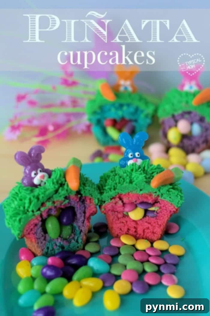 Vibrant surprise inside cupcakes adorned with bunny and carrot decorations, revealing a colorful array of candies. They are displayed on a white plate surrounded by loose sweets and delicate flowers.
