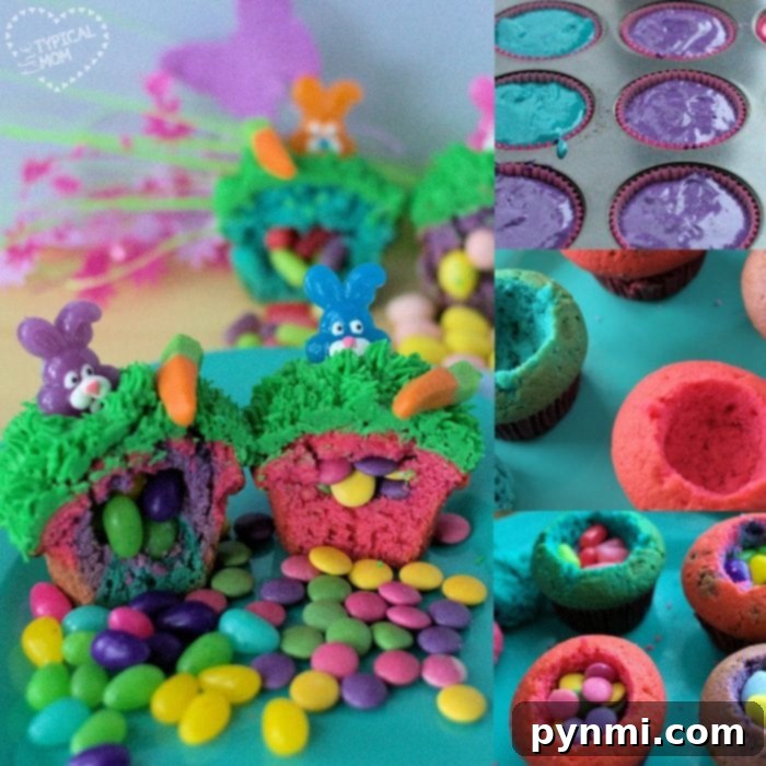 A close-up view of vibrant candy-filled cupcakes, some with a bite taken to reveal the colorful sweets inside. They are artfully arranged, promising a delightful surprise.