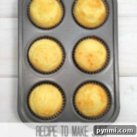 Muffin pan with six freshly baked cupcakes; text says recipe for 6 cupcakes.
