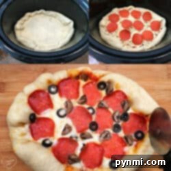 Homemade pizza preparation takes a twist with crock pot pizza: dough is placed in the crock pot, topped with pepperoni, mushrooms, and olives for a delightful result.