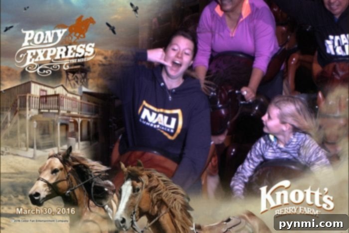 Guests experiencing the exhilarating Pony Express roller coaster at Knott's Berry Farm, a memorable moment preserved by FunPix.