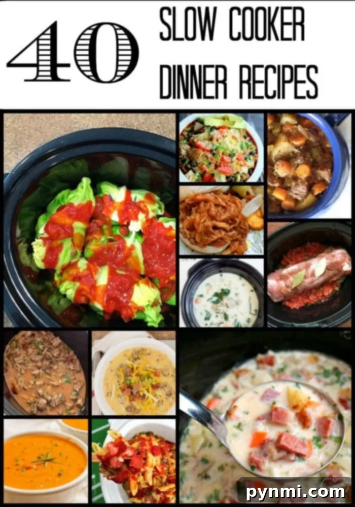 Collage showcasing 12 easy slow cooker recipes, including soups, stews, and casseroles, with a title reading 40 Slow Cooker Dinner Recipes at the top.