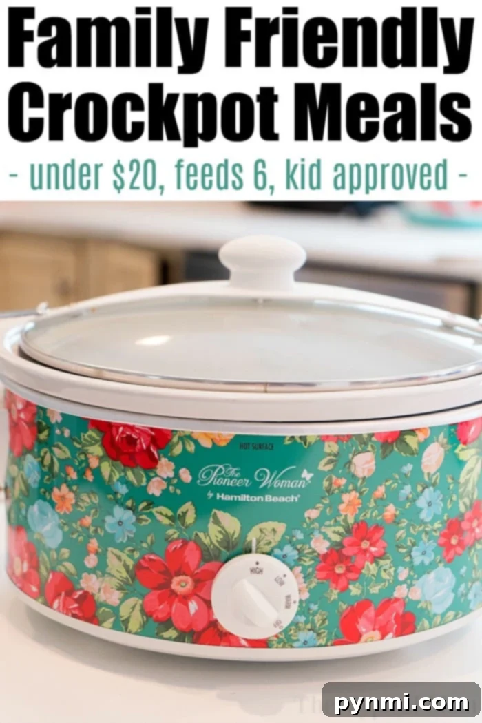A floral-patterned slow cooker on a kitchen counter. Text above: Family Friendly Crockpot Meals - easy, cheap, under $20, feeds 6, kid approved.