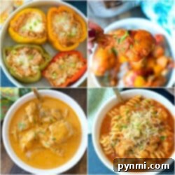 Four easy slow cooker recipes include stuffed peppers, a chicken drumstick, creamy chicken, and pasta with sauce and cheese.