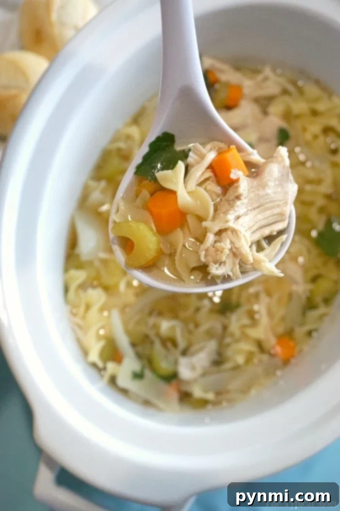 A ladle scoops chicken noodle soup from a white crockpot, revealing tender noodles, succulent chicken, vibrant carrots, and fresh herbs.