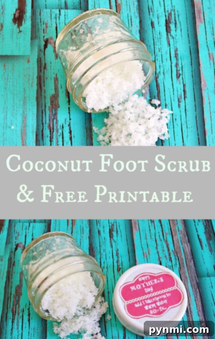 A jar of luxurious coconut foot scrub spills onto a vibrant turquoise wooden surface, the label hinting at included free printables for an extra touch of indulgence.
