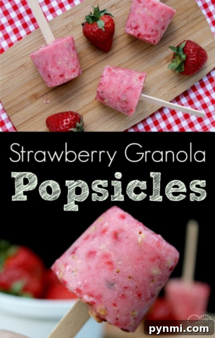 A close-up of a homemade frozen yogurt pop with fruit and granola.