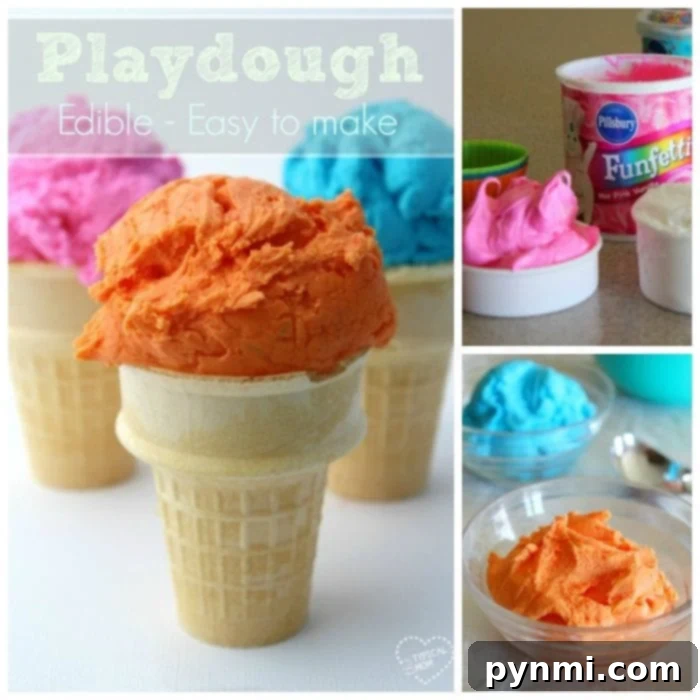 Playdough shaped like ice cream scoops in cones, with containers of colorful edible playdough and ingredients nearby. Text reads: Edible Playdough - Easy to make.