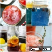 Blush and Sky Baby Shower Beverages 4 Four delightful baby shower drinks: a pink drink with ice, a refreshing blue drink in a Mason jar, iced tea garnished with lemon, and a raspberry concoction adorned with thyme.