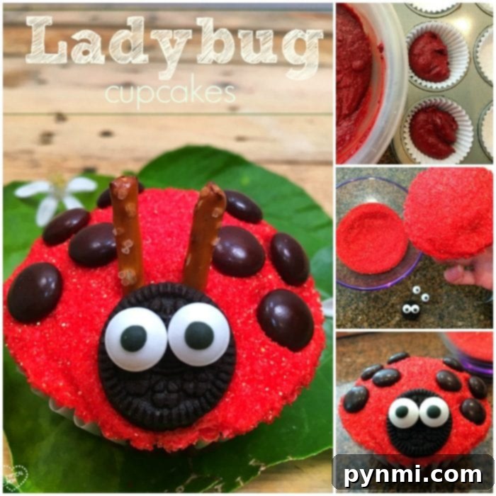 Get the easy recipe for cute ladybug cupcakes! Perfect for birthdays, baby showers, or fun baking with kids. Transform plain cupcakes into adorable ladybugs with simple ingredients like red frosting, M&Ms, and edible eyes. A close-up of a finished ladybug cupcake, showing the red sprinkles, chocolate spots, mini Oreo head, candy eyes, and pretzel antennae.