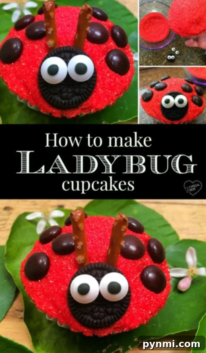 This is how to make a cute ladybug cupcake! They are so fun to make for birthdays or a baby shower. With just a few ingredients and treats you can transform a normal cupcake into an adorable ladybug complete with edible eyes and dots. Great idea when baking with kids. #ladybug #cupcake #cupcakes #cute #adorable #girl #birthdayparty A stunning ladybug cupcake, showcasing its intricate details and vibrant colors.