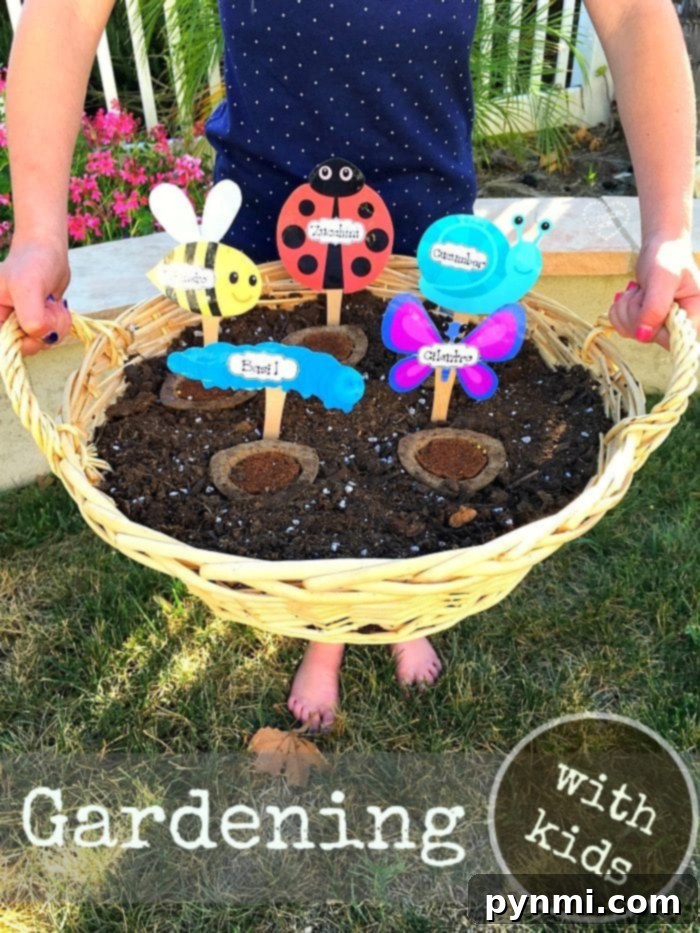 Proud child standing next to her thriving garden, surrounded by custom insect garden markers