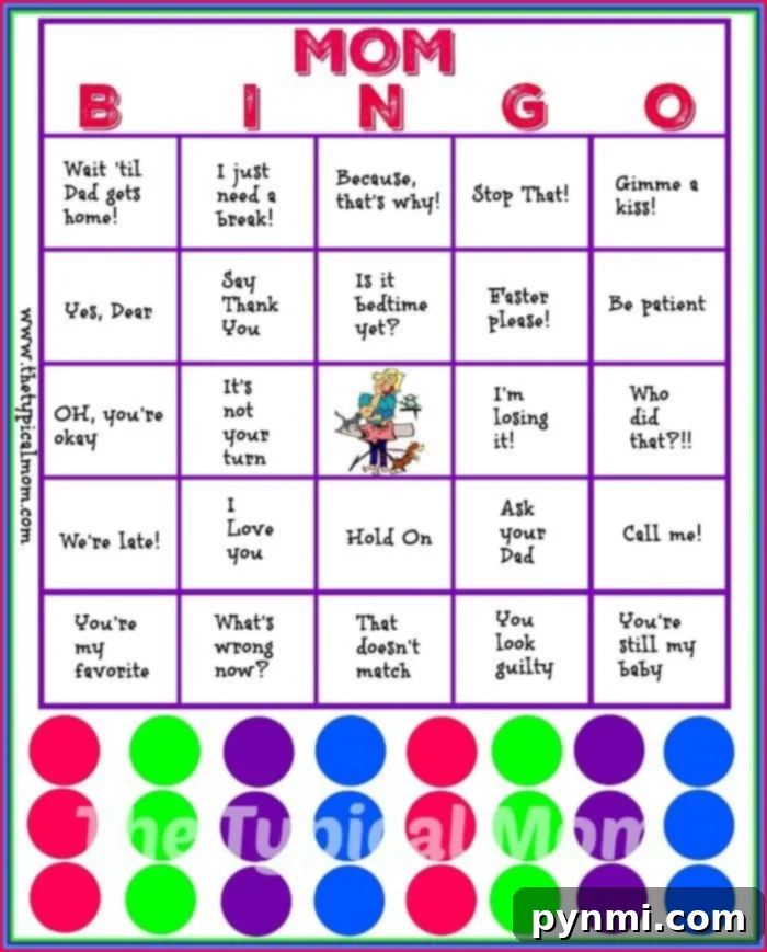 Mom Bingo game card for baby showers Mom Bingo printable card featuring humorous phrases