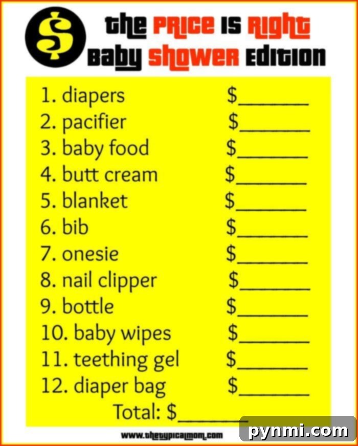 Baby shower Price is Right game sheet The Price is Right baby shower game printable