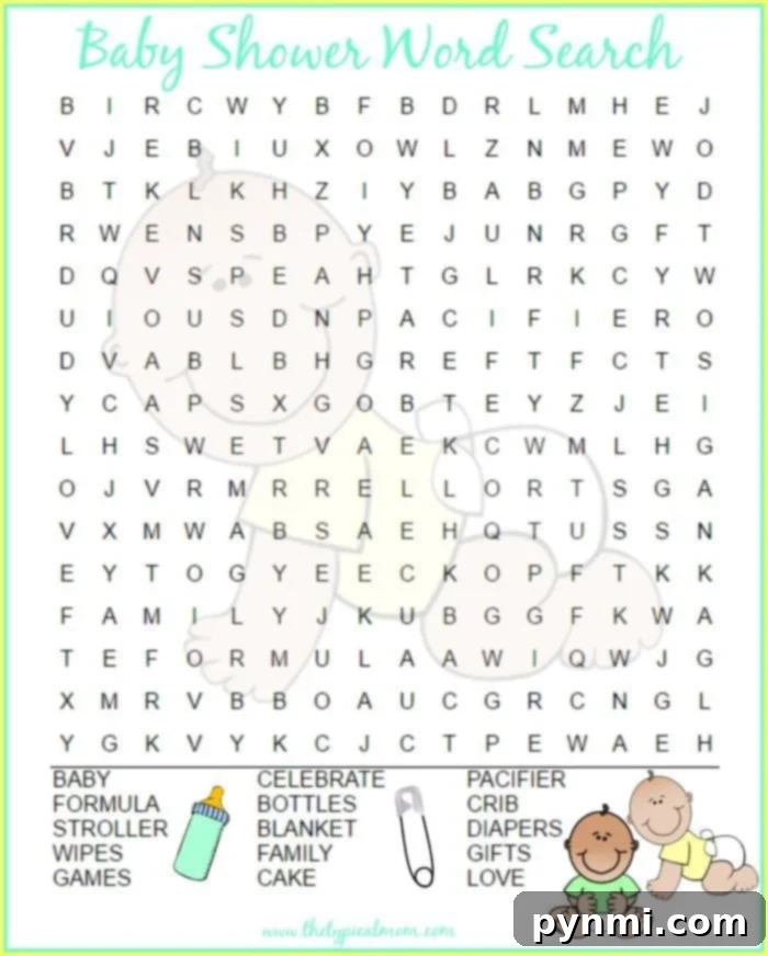 Free printable baby shower word search game Baby shower word search puzzle printable