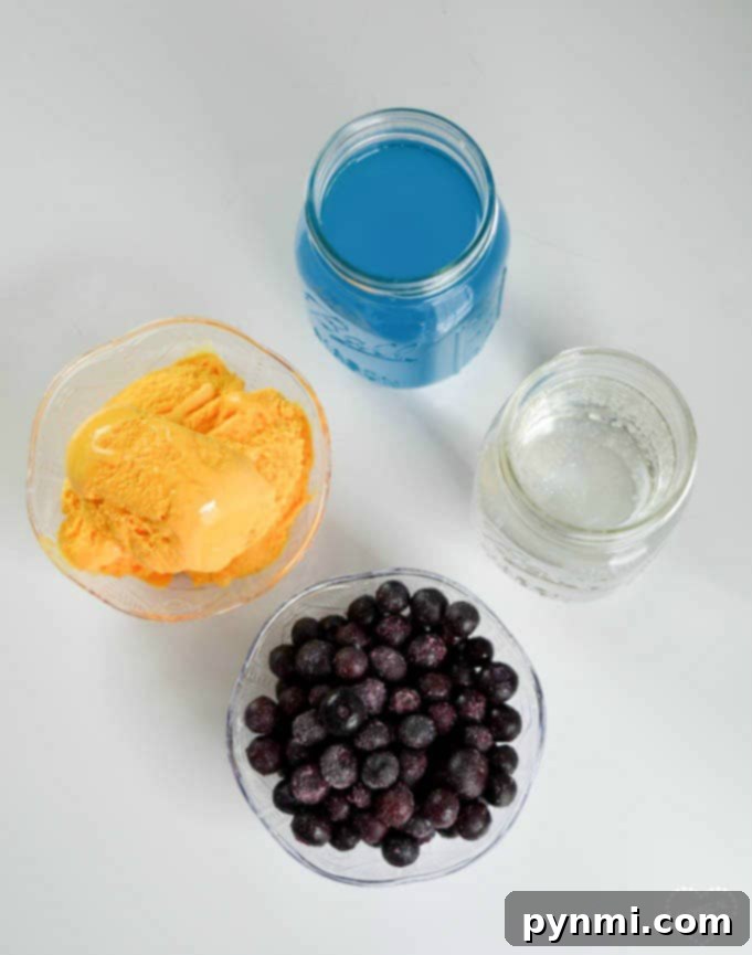 Here's an easy baby blue Hawaiian punch recipe that is a perfect boy baby shower drink you can make that everyone will love! It's simple and cheap to make this blue baby shower punch with sherbet in mason jars with fruit inside. Ingredients for a vibrant blue Hawaiian punch recipe: a bowl of orange sherbet, fresh blueberries, a jar of blue Hawaiian punch, and a jar of clear lemon-lime soda, artfully arranged on a white surface.