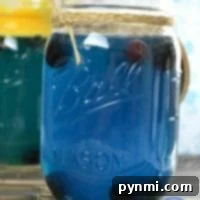 Sun-Kissed Hawaiian Punch 2 Mason jar filled with a vibrant blue liquid, labeled as Hawaiian Punch, adorned with a charming twine bow, perfect for a Baby Shower.