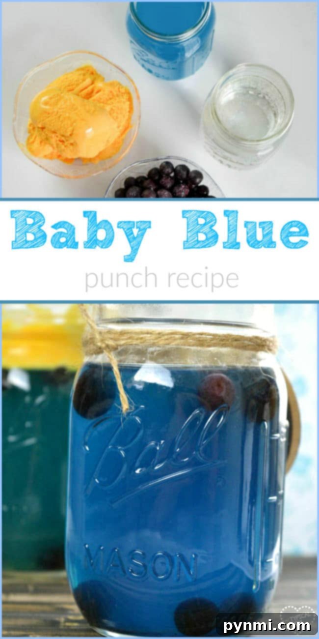 This easy baby blue Hawaiian punch recipe is a perfect boy baby shower drink that everyone will love! It's simple and cheap to make this blue baby shower punch with sherbet in mason jars with fruit inside. Hawaiian punch recipe served in a large pitcher with floating blueberries and lemon slices
