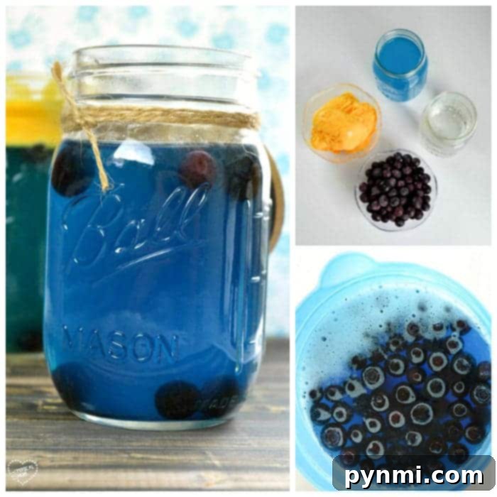 Sun-Kissed Hawaiian Punch 4 Close-up of a glass of blue Hawaiian punch with sherbet and sprite, garnished with blueberries.