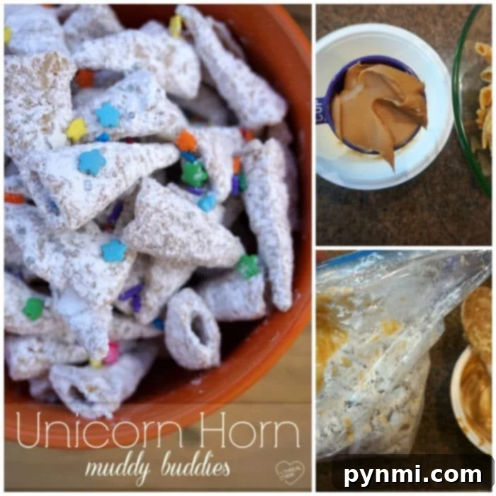 Rainbow Unicorn Delights 5 Unicorn muddy buddies, dusted with powdered sugar and rainbow sprinkles, presented in a clear bowl.