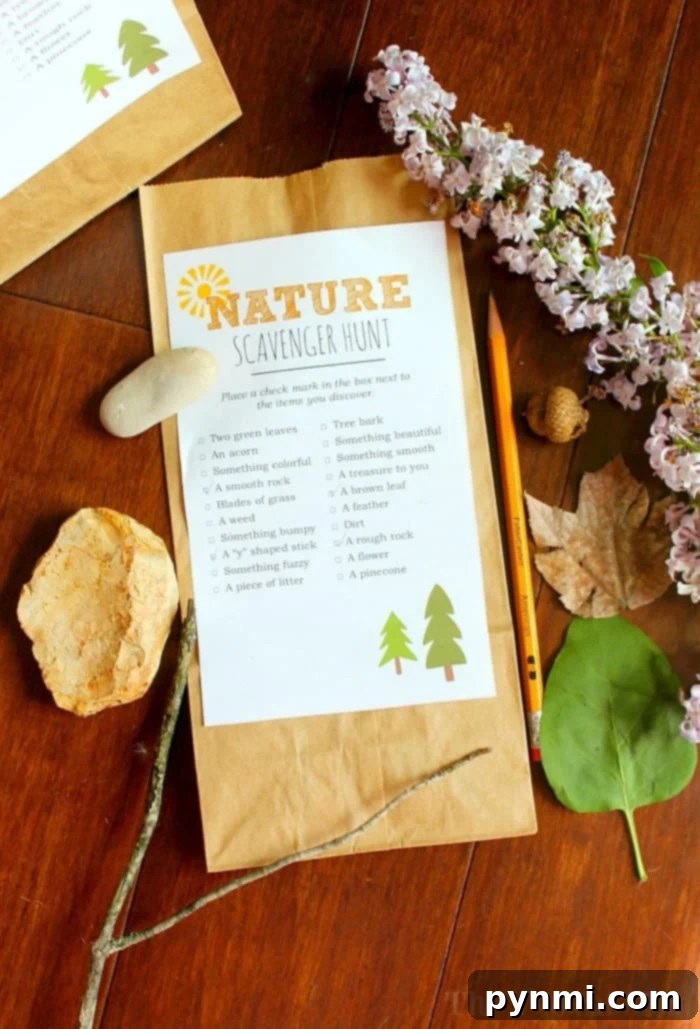 Child holding a clipboard with a nature scavenger hunt list, encouraging exploration and finding items for free crafts for kids.